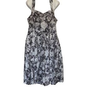 TALBOTS dress 14 floral Black White‎ bust enhanced pleats Retro vibe dress NWOT